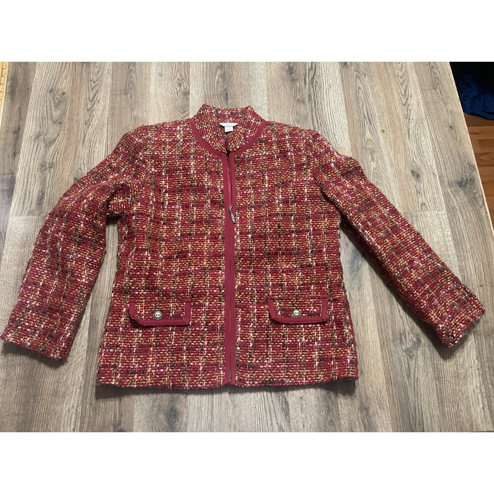 Christopher&Banks Sweater, Women's Size Medium, Red, Tweed, Full Zip, Pockets